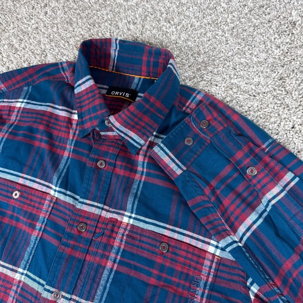 Orvis Shirt Mens M Blue Red Plaid Flat Creek Tech Flannel Long Sleeve Button Up - Picture 1 of 14